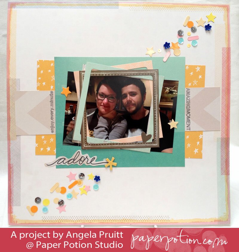 Homepage post card 9: Adore scrapbook layout of a smiling couple in a teal mat with sequin confetti clusters and enjoy.every.minute side text