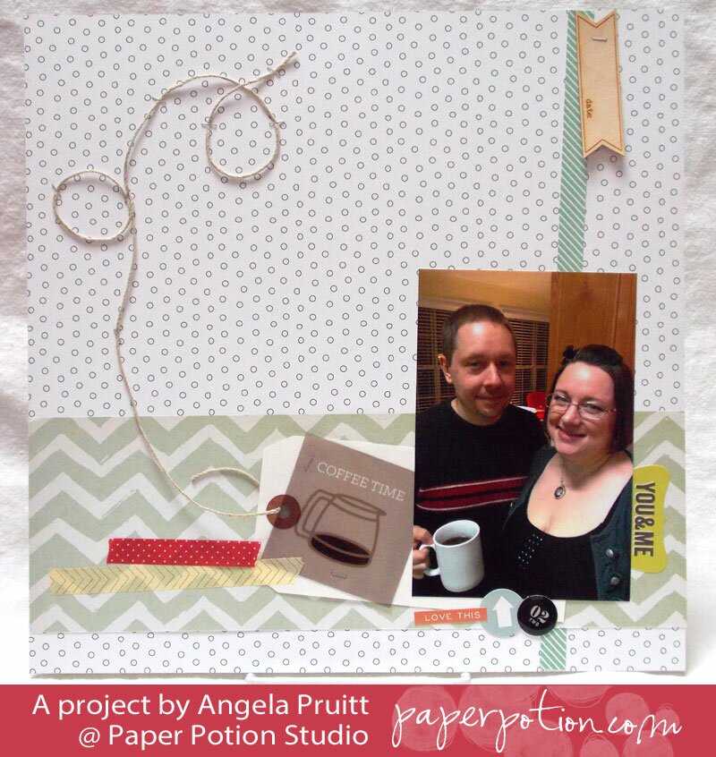 Homepage post card 7: Coffee Time scrapbook page with a couple holding a mug, sage chevron band, twine loops, and a coffee carafe tag