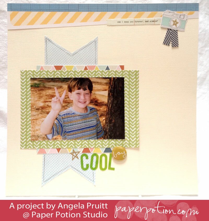 Homepage post card 6: Scrapbook layout of a boy in a striped shirt making a peace sign on green chevron paper with a large green COOL title