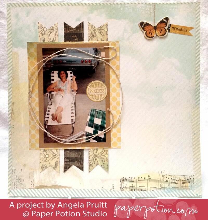 Homepage post card 5: Priceless scrapbook layout with a vintage photo of a woman in a lawn chair beside a classic car, twine circle, and butterfly