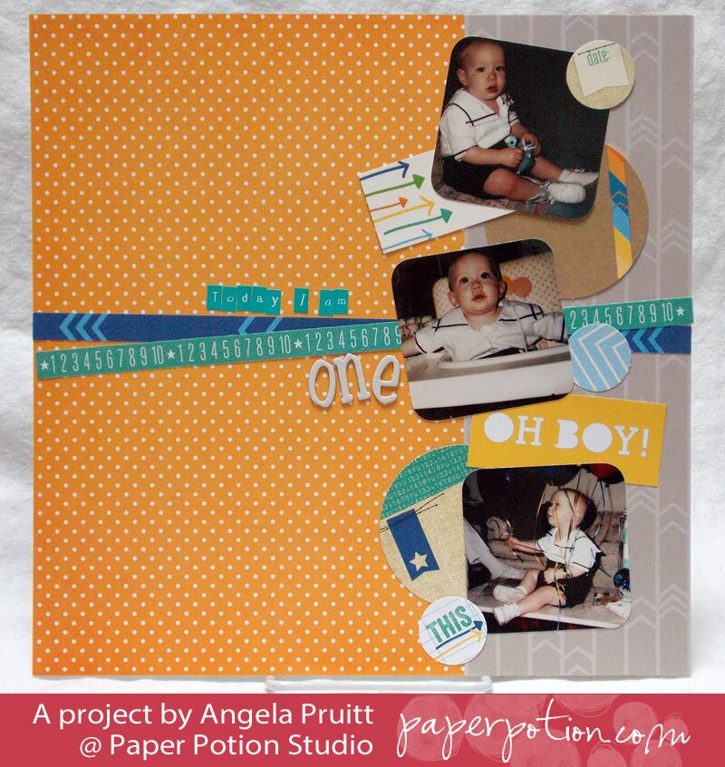 Homepage post card 8: Today I am one birthday layout with three baby photos, orange polka-dot paper, chipboard ONE letters, and number strip
