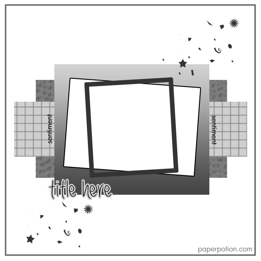 Post “sketchy saturday reverse engineering a page layout” — challenge sketch diagram: Paper Potion December 2013 reverse-engineering sketch with tilted dual photo boxes, sentiment strips, and confetti marks